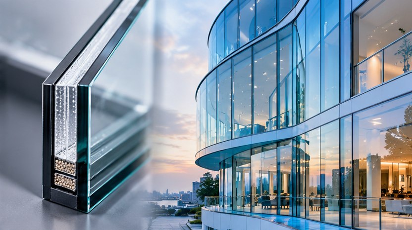 Product showcase illustration combining a glass section with a curved glazed building façade