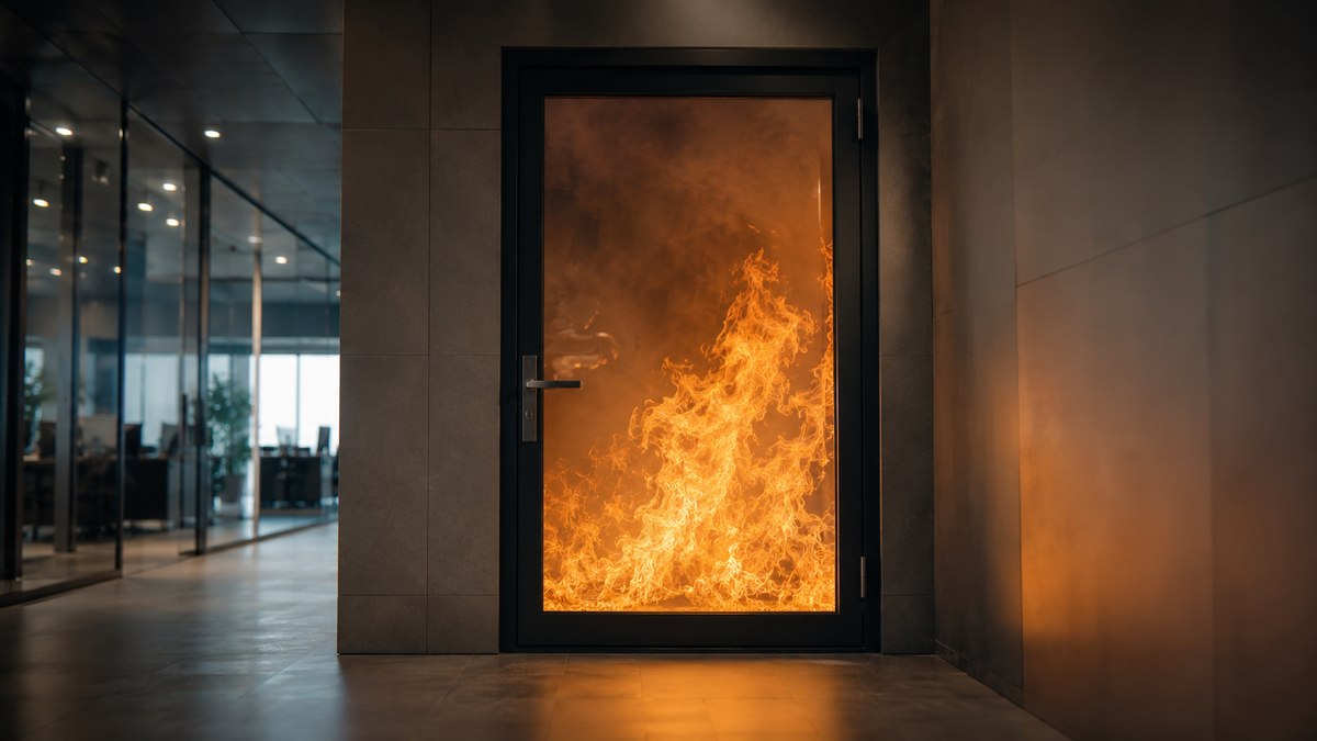 Illustration of fire behind a framed glazed opening