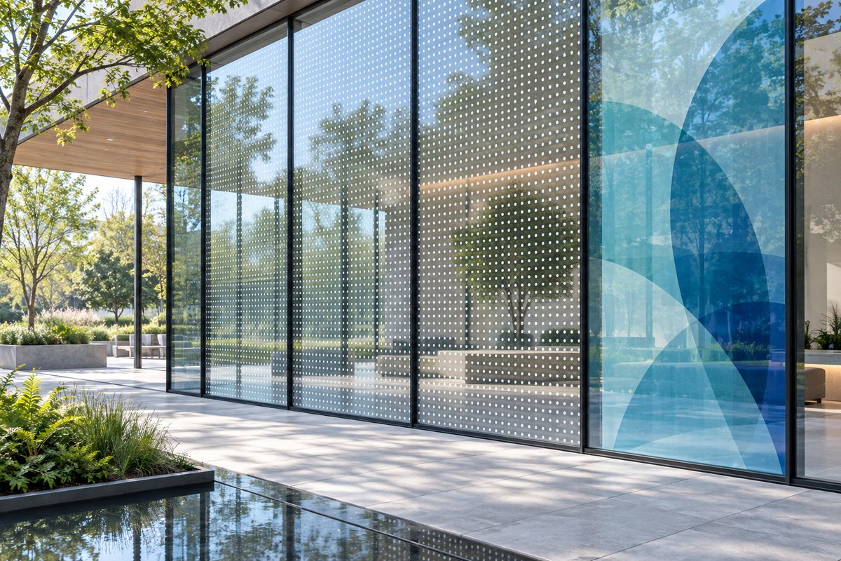 Concept illustration of a glass façade with white dot patterns and a translucent blue graphic panel