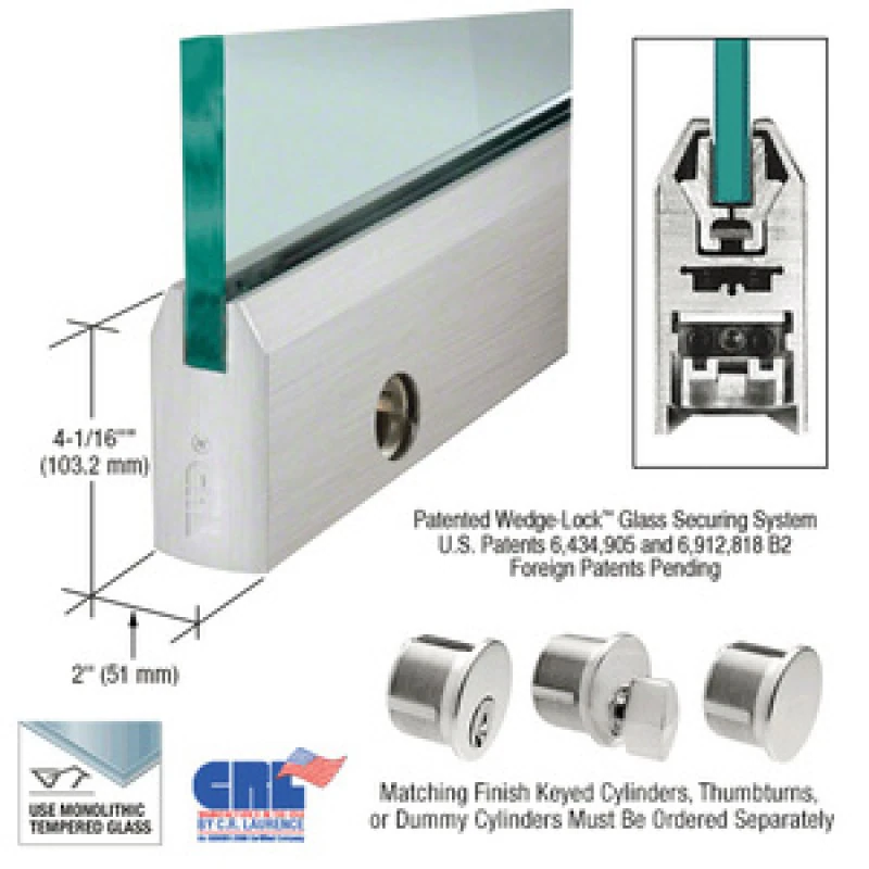 DR4T12SL,CRL 1/2" Glass 4" Tapered Door Rail With Lock - 35-3/4" Length — DR4TBS12SL — Brushed Stainless Steel