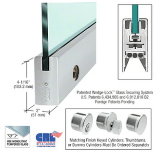 DR4S with Lock, CRL 1/2" Glass 4" Square Door Rail with lock - 35-3/4" Length — DR4SBS12SL — Brushed Stainless Steel