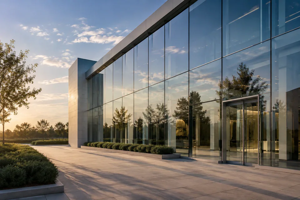 AI-generated architectural concept: a contemporary glass façade with blue reflections and warm stone