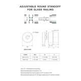 1-1/2" Ø Diameter Standoff, Adjustable Round Standoff for Glass Railing, Stainless steel 316