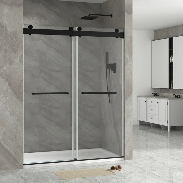 CDS13 double-sliding shower enclosure with matte-black rail and towel bars