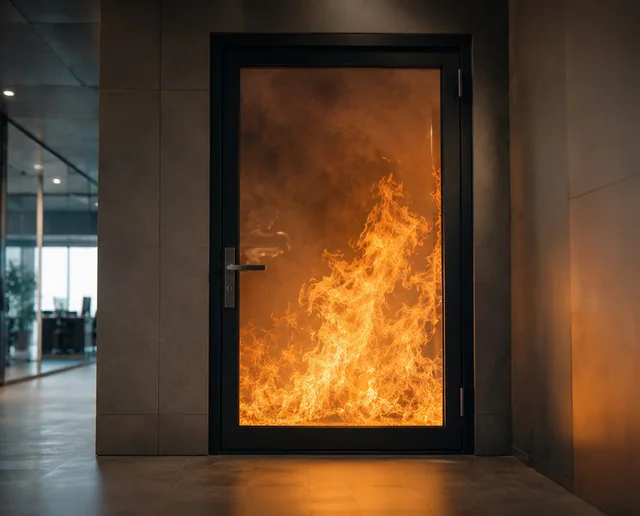Illustration of fire behind a framed glazed opening