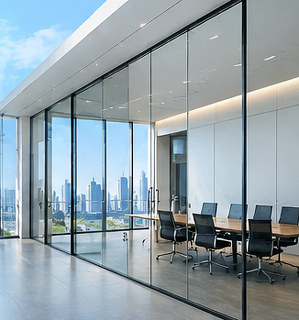 Architectural concept of a glass-enclosed meeting room overlooking a city skyline.