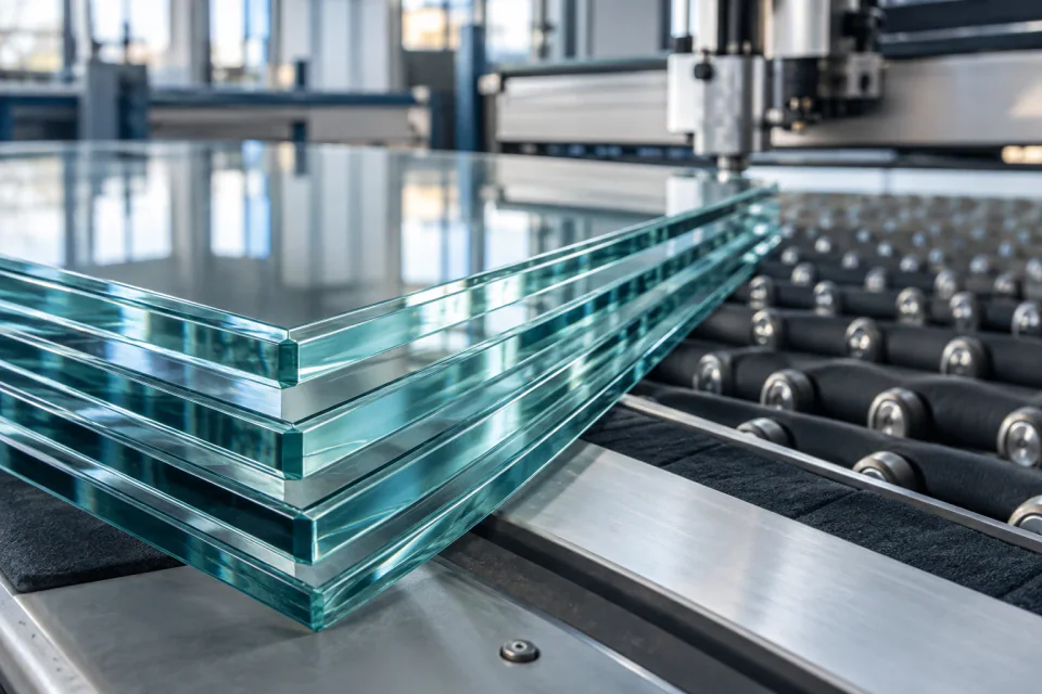 AI-generated fabrication concept: polished clear glass edges on a precision workshop table