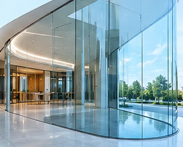 Architectural concept of a curved glass lobby facade overlooking trees.